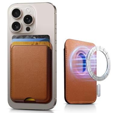 Imagem de SOUNDBYTE Carteira magnética mais forte para iPhone 16/15/14/13/12 e para capas MagSafe | Suporte magnético de couro com bloqueio de RFID N52 com ímãs poderosos | Comporta 3 cartões | Marrom escuro