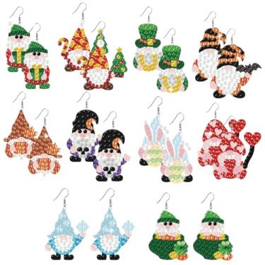 Imagem de BEUNITONE 10 pares de kit de fabricação de brincos de diamante de gnomo de Natal, designs de gnomos de férias, conjunto divertido de arte de diamante para lembrancinhas de festa e presente de Natal
