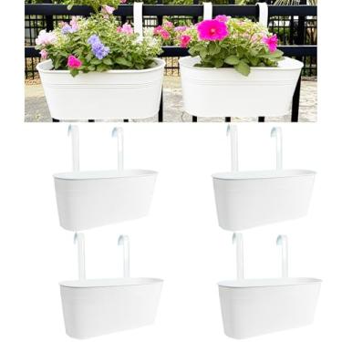Imagem de Joyfernal Plantadores suspensos para plantas ao ar livre, vasos de 43 cm, vaso de flores de cerca de metal para varanda e varanda com gancho destacável (branco, pacote com 4)