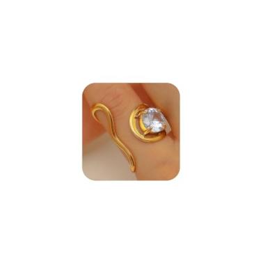 Imagem de DZSYJKTM Anel de cristal oval de ouro grosso para mulheres, exclusivo ondulado de aço inoxidável, zircão aberto, acessórios modernos para joias de festa de formatura, Metal, Sem pedra preciosa