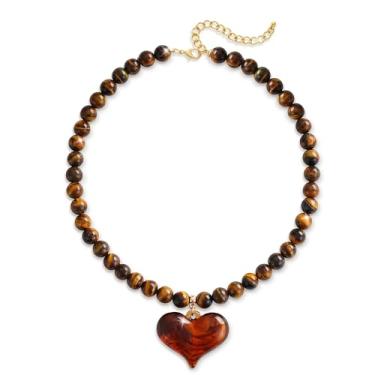 Imagem de Colar feminino com pingente de coração inchado de acrílico grosso com contas de pedra natural - tom âmbar