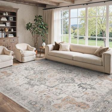 Imagem de BESBLEE Tapetes de área de 25,5 x 35,5 cm para sala de estar, tapetes vintage antiderrapantes laváveis na máquina, tapete grande com estampa leve para quarto, sala de jantar, escritório em casa