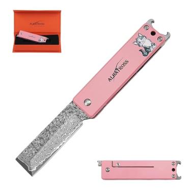 Imagem de ALBATROSS Canivete de bolso com padrão de gato fofo de damasco rosa - enchimento de meia para mulheres, liga de titânio de 9 cm, cortador de caixa - chaveiro Edc Gadgets com abridor de garrafa