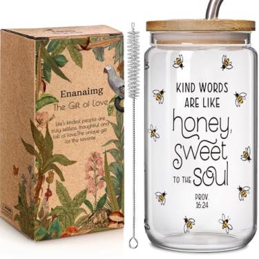 Imagem de Copo de vidro Christian Bee 473 ml com tampa e canudo Presentes de Natal para amigos amantes de abelhas, Bestie - Kind Words are Like Honey Versículo da Bíblia inspiradora, presentes de aniversário de
