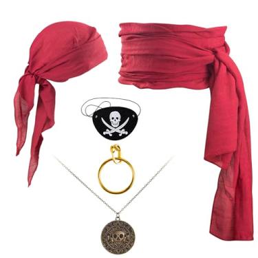 Imagem de BXFRAE Conjunto de 5 peças de fantasia de pirata para mulheres e homens, acessórios de pirata de Halloween - cinto, bandana, tapa-olho, colar, brinco (5 peças)