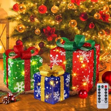 Imagem de 3 peças de caixas de presente iluminadas de LED para Natal, decorações de presente coloridas com laços, ornamentos de Natal internos e externos
