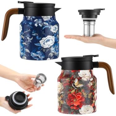 Imagem de LemonRoad 2 bule de chá vintage com padrão floral, bule de chá vintage com infusor, bule de chá de padrão floral com tampa, garrafa térmica de cabo de madeira para bebidas quentes café (vermelho, azul