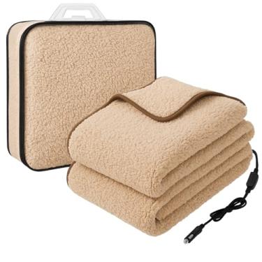 Imagem de Riakrum Cobertor elétrico de lã aquecido de 12 V com 2 níveis de aquecimento, bolsa de armazenamento com soquete de isqueiro USB, quente para carro, caminhão, SUV, trailer, acampamento e viagem fria