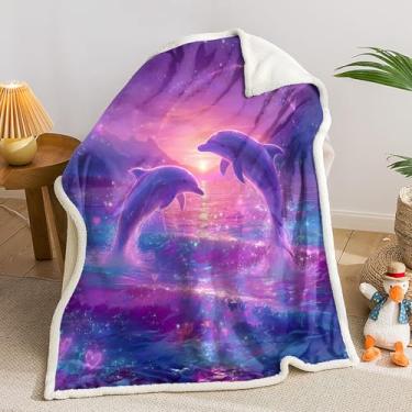 Imagem de AILONEN Cobertor de lã de ovelha golfinho - Cobertores roxos neon sonhadores para meninas e mulheres - Cobertor decorativo de colcha marinha oceano para sofá de cama 159 x 129 centímetros