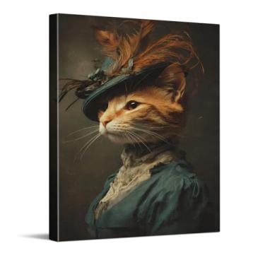 Imagem de CYFDYVT Retrato de gato elegante vintage em roupa vitoriana com chapéu de penas Impressão de arte de parede clássica para decoração de galeria de casa ilustração em tela 20 x 25 cm