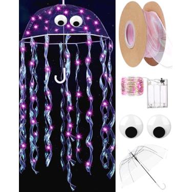 Imagem de Paterr Conjunto de fantasia de água-viva DIY de Halloween, incluindo guarda-chuva bolha transparente, cordão de luzes de LED, fitas de olhos arregalados (rosa)