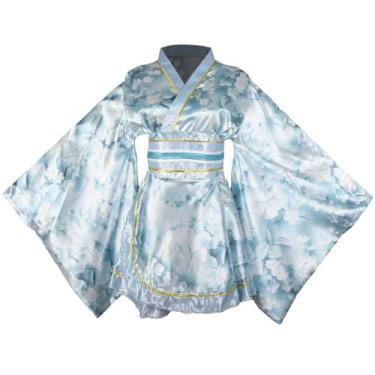 Imagem de Women's Sexy Short Kimono Costume Adult Japanese Geisha Prints Gown Halloween Party Fancy Dress with Belt (88# Blue)