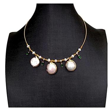 Imagem de URMIBDAI Colares femininos cultivados moeda branca pérola batata pérola pavê gargantilha colar pingente 38 cm