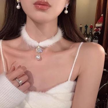 Imagem de Gargantilha elegante de pelúcia falsa pérola prata floco de neve colar com pingente, White 36+5cm, Pelúcia Pérola sintética, Sem Pedra Preciosa