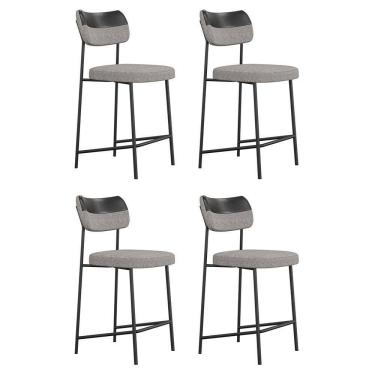 Imagem de Kit 04 Banquetas Médias Cozinha Lila Com Encosto Couríssimo Preto Linho Cinza - Abmaza