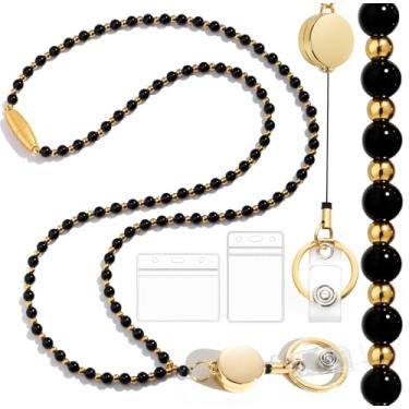 Imagem de Toykee Cordões com porta-crachás de identificação para cartão de chaves de professores - Colar retrátil feminino preto e dourado com contas com suporte para crachá de navio de cruzeiro