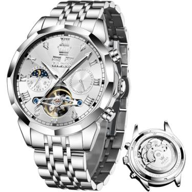 Imagem de OLEVS Relógios de pulso masculinos automáticos mecânicos luxuosos, mostrador grande, turbilhão, esqueleto, luminoso, G6620: pulseira prata e mostrador branco, Presente de festa clássico casual de luxo