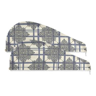 Imagem de SEHANY Toalha de cabelo de microfibra vintage azul boêmio para mulheres, 2 peças, turbantes de cabelo de secagem rápida com botão, touca de cabelo seco absorvente toalha de secagem de cabelo para