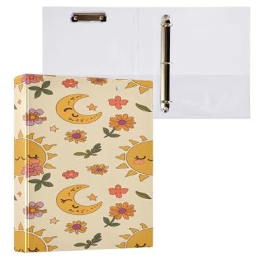 Imagem de Blueangle Fichário fofo com 3 anéis de sol e lua com prancheta e 2 bolsos - Organizador de documentos decorativos de 3 cm para escritório, suprimentos para reuniões (321)