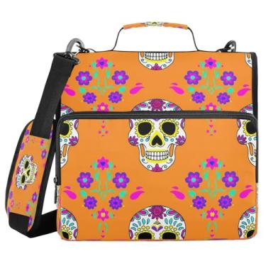 Imagem de Blueangle Fichário colorido de caveira de açúcar com zíper com 3 anéis, capacidade para 500 folhas, bolsa para fichário com alça de ombro e alça (246)