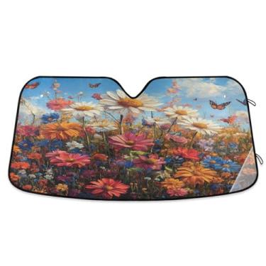 Imagem de ATTX Pára-brisas de carro colorido flores silvestres prado para-sol 144.8 cm x 80.0 cm protetor solar universal com proteção UV, persiana de janela frontal automática dobrável para Sedans SUVs