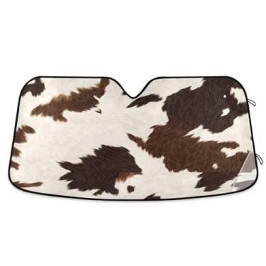 Imagem de ATTX Pára-brisas de carro com textura de couro de vaca marrom branco 134.6 cm x 59.7 cm Protetor solar universal com proteção UV, persiana de janela frontal automática dobrável para caminhões Sedans