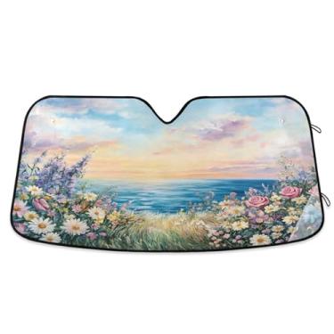 Imagem de ATTX Para-brisas de carro Sea Daisies 134.6 cm x 59.7 cm Protetor solar universal com proteção UV, persiana de janela frontal automática dobrável para caminhões Sedans SUVs #602