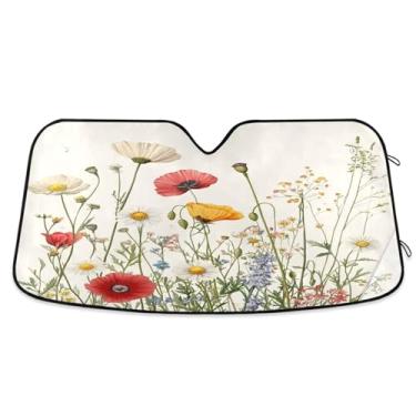 Imagem de ATTX Pára-brisas de carro colorido flores silvestres 144.8 cm x 80.0 cm escudo solar universal com proteção UV, persiana de janela frontal automática dobrável para caminhões Sedans SUVs #472