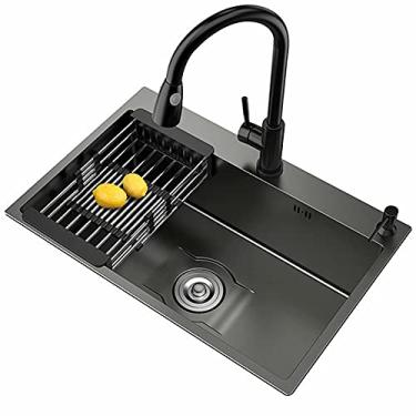 Imagem de HGTRH Pia de cozinha com torneira, pia embutida com torneira, pia quadrada de aço inoxidável dispensador de sabão conjunto de sifão para montagem vertical e nivelada