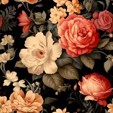 Imagem de Cismmy Papel de parede floral, papel de contato removível para paredes, fundo preto com crisântemos de tinta em relevo, estilo retrô europeu, flores vermelhas rosa bege, decalque faça você mesmo. 43 x