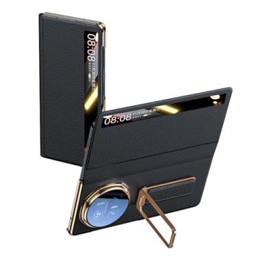 Imagem de HAOMRIYL Capa para Honor Magic V5, capa invisível com suporte de alça de mão com suporte para janela lateral inteligente flip de couro genuíno com tudo incluído, capa à prova de choque, preta, V5