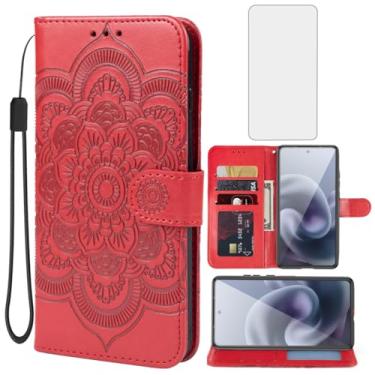 Imagem de Bohefo Capa para Moto G86 5G Capa/Moto G86 Power Wallet Capas com protetor de tela de vidro temperado, suporte para cartão de crédito Mandala de couro para Motorola Moto G86 5G Vermelho