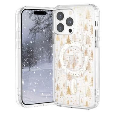 Imagem de VibrantFruitique Capa de Natal para iPhone 16, capa magnética transparente de cedro dourado, compatível com MagSafe, capa protetora à prova de choque de TPU macio com anel magnético integrado para
