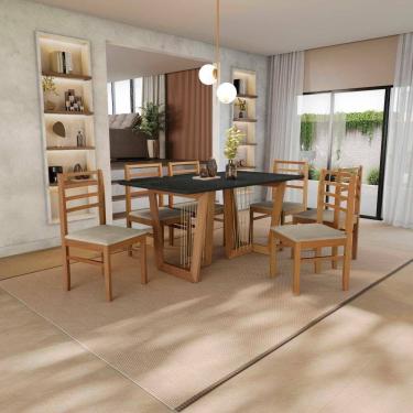 Imagem de Conjunto Sala De Jantar Elisa Em Madeira Maciça 6 Cadeiras Linho Fendi
