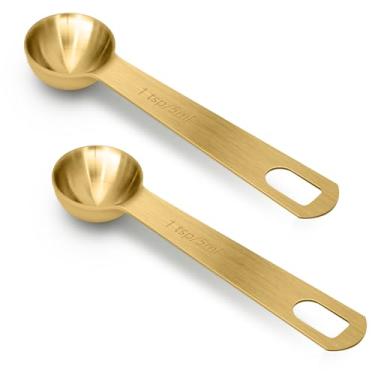 Imagem de 2 peças, 1 colher de chá (5 ml, 1 colher de chá, 1/3 colher de sopa) de aço inoxidável, fácil de usar e fácil de lavar, utensílios de cozinha para cozinhar e assar (ouro)