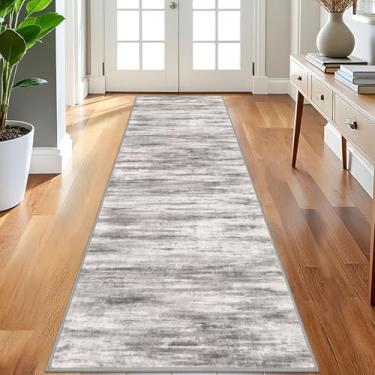 Imagem de KOZYFLY Tapete de área moderno ombré para quarto, lavável, antiderrapante, macio, listrado, tapete abstrato cinza e bege para lavanderia, berçário