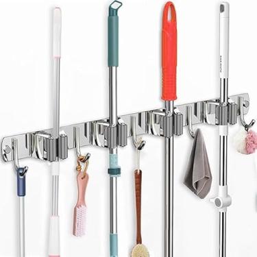 Imagem de Suporte de Parede para Vassouras e Esfregões em Aço Inoxidável – Organizador com 4 Prateleiras e 5 Ganchos