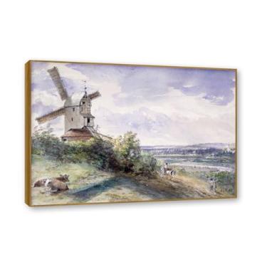 Imagem de Moldura de teca. Arte em tela romantismo estilo constável, (sem título 28), pintura de paisagem inglesa emoldurada, decoração de parede elegante para sala de estar escritório. 50 x 70 cm - 19,6 x 27,5