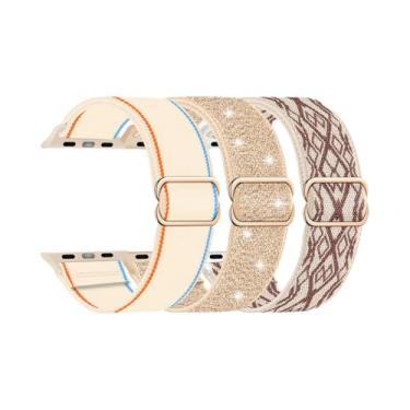 Imagem de Pacote com 3 pulseiras de nylon compatíveis com Apple Watch séries 10 9, 8, 7, 6, 5, 4, 3, 2 e 1 de 38 mm, 40 mm, 40 mm, 41 mm, 44 mm, 46 mm, 46 mm, 49 mm, branco brilhante, roxo esfumaçado/ouro