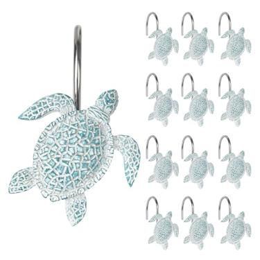 Imagem de Sunlit Ganchos decorativos para cortina de chuveiro de tartarugas marinhas, anéis de cortina de chuveiro costeiros com criaturas do oceano azul aquático, resina, decoração de banheiro náutico, ganchos