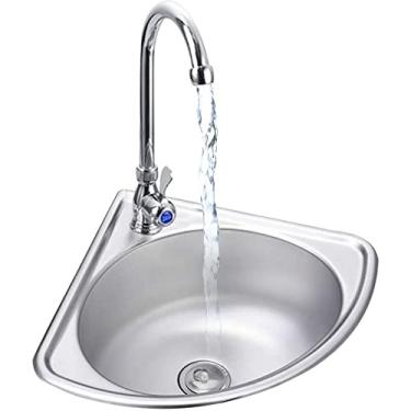 Imagem de FAFACAI Pia de mão de aço inoxidável com suporte, pia de lavagem de mão de montagem na parede, mini lavatório de canto para banheiros, laboratórios, trailer (cor: prata, tamanho: kit #A) (kit prata