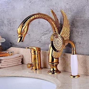 Imagem de LMJYU Torneira de torneiras de cozinha e banho, torneira dourada de três furos torneira de bacia dourada quente e fria cisne torneira de lavatório de banheiro de três peças