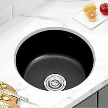 Imagem de PVXMQFFA Pia de cozinha mini redonda de aço inoxidável 304 pia artesanal sob o balcão pia de bar mini pia única pia de cozinha com acessórios (cor: preto, tamanho: 32 * 32 * 22 cm)