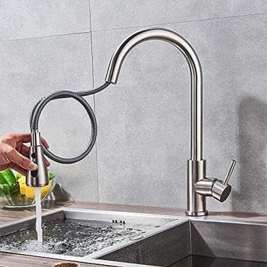 Imagem de Torneira com chuveiro de puxar bocal duplo alavanca única misturador de pia com botão de parada gira 360 ° torneira de cozinha - níquel escovado