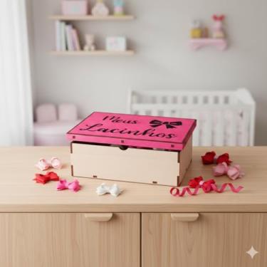 Imagem de Caixa Organizadora MDF com Tampa Rosa Porta Lacinhos Presente e Decoração 23x17x9cm Linda