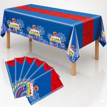Imagem de Haydyson Toalha de mesa de plástico para festas de aniversário, capas de mesa descartáveis com temas 137 x 272 cm (aranha - pano azul, 6 peças)