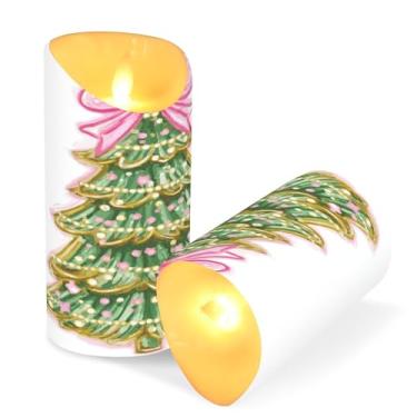 Imagem de ATTX Pacote com 2 velas sem chamas para árvore de Natal com laço rosa - 7,6 cm x 15 cm com controle remoto e temporizador para decoração de casa, casamento, acampamento #237
