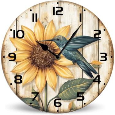 Imagem de Ymaotrade Relógio de parede de madeira com beija-flor girassol 25,4 cm silencioso sem tique-taque operado por bateria, relógios de parede estilo rústico para quarto, cozinha, casa, sala de estar