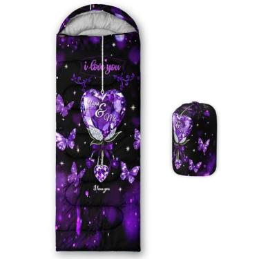 Imagem de QOOMO Sacos de dormir impermeáveis com estampa de diamante roxo para adultos e crianças, sacos de dormir impressos para acampamento, clima quente e frio de 3 estações, leve, viagens e ao ar livre