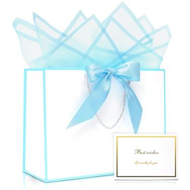 Imagem de KeerxunBag Conjunto de sacolas de presente premium - branco elegante com alça de fita, cartões comemorativos e lenços, adequado para aniversários, casamentos e dia das mães (32 x 11 x 25 cm) branco +